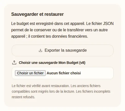 Carte Sauvegarder et restaurer de Goldy : bouton Exporter la sauvegarde et choix d’un fichier de sauvegarde à restaurer.