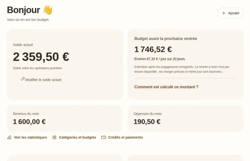 Tableau de bord de Goldy : solde actuel, budget avant la prochaine rentrée avec une moyenne par jour, revenus et dépenses du mois.