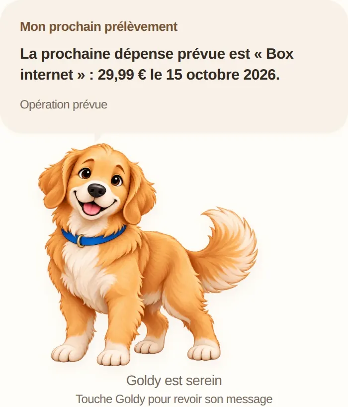 Goldy replies in French: “La prochaine dépense prévue est Box internet : 29,99 € le 15 octobre 2026.” (The next planned expense is Box internet: €29.99 on 15 October 2026.)