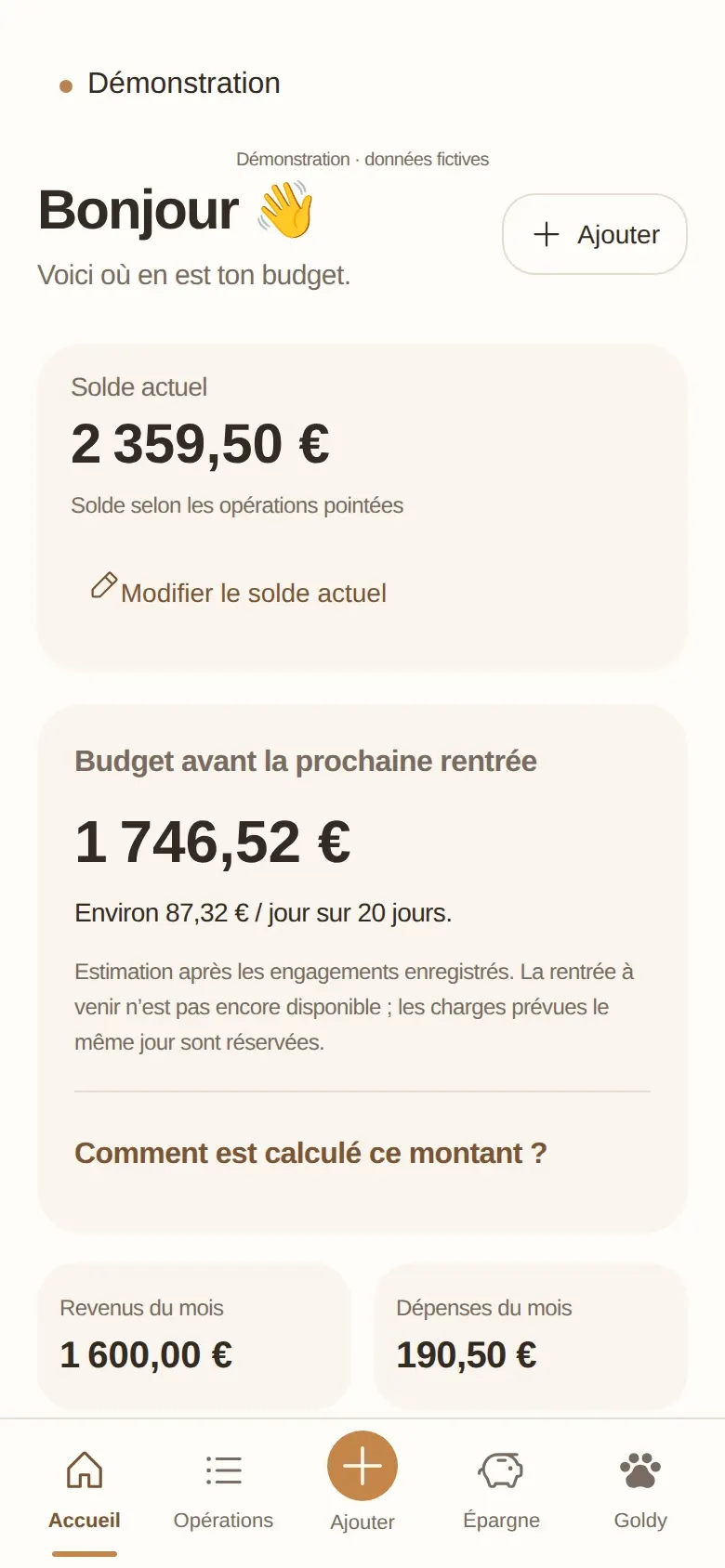 Goldy’s home screen on a phone, in demo mode: current balance, budget until the next income and income for the month.