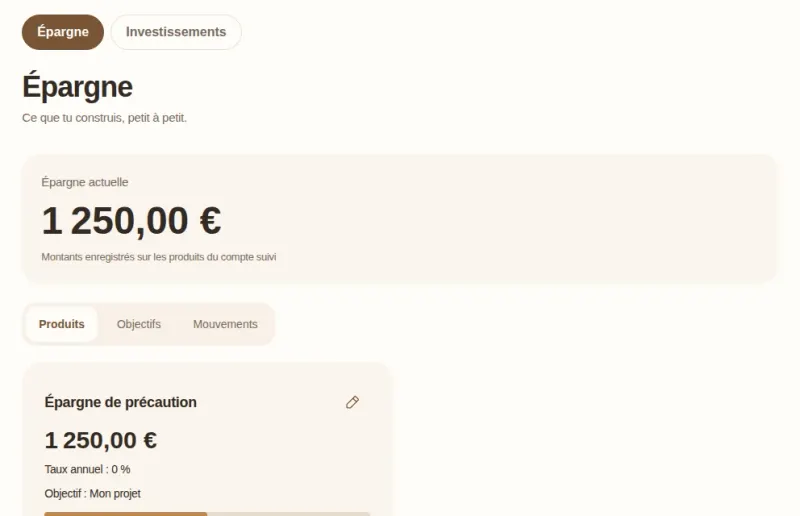 Page Épargne de Goldy : 1 250 € d’épargne actuelle et un livret d’épargne de précaution relié à un objectif.