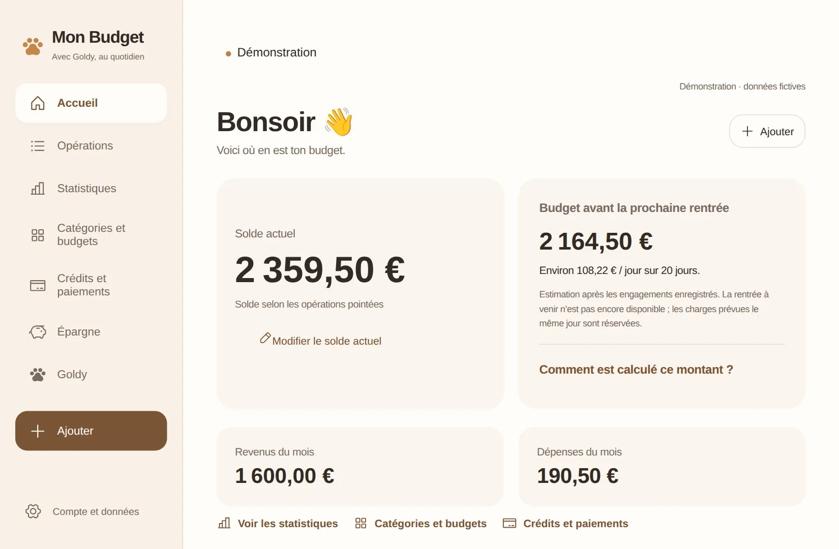 Accueil de l’application Goldy en démonstration : solde actuel, budget avant la prochaine rentrée, revenus et dépenses du mois